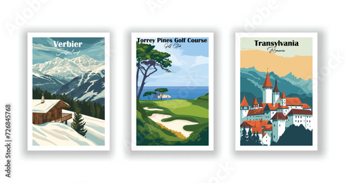 Torrey Pines Golf Course, Golf Club. Transylvania, Romania. Verbier, Switzerland - Vintage travel poster. High quality prints.