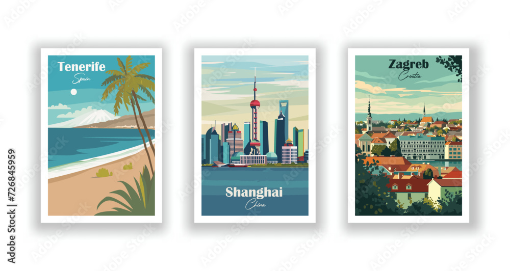 custom made wallpaper toronto digitalShanghai, China. Tenerife, Spain. Zagreb, Croatia - Vintage travel poster. High quality prints