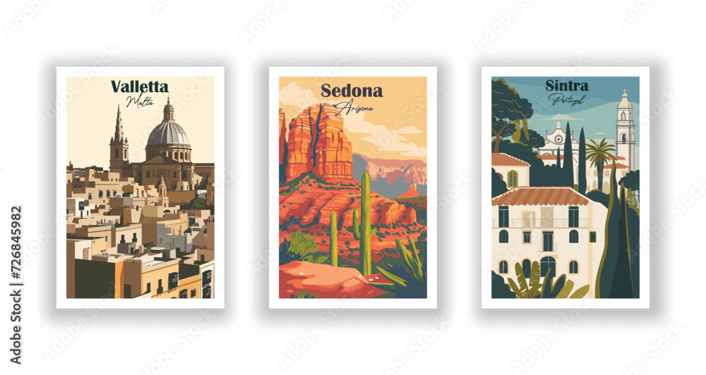 Sedona, Arizona. Sintra, Portugal. Valletta, Malta - Vintage travel poster. High quality prints.