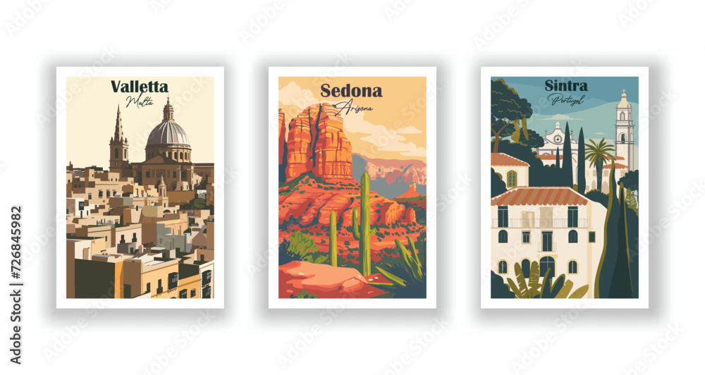 Fototapeta premium Sedona, Arizona. Sintra, Portugal. Valletta, Malta - Vintage travel poster. High quality prints.