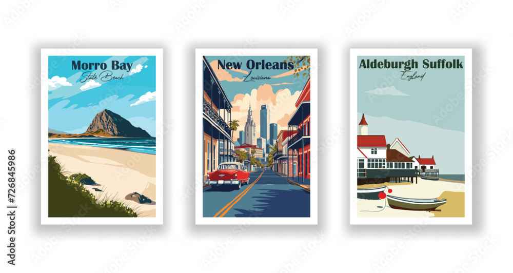 Aldeburgh Suffolk, England. Morro Bay State Beach. New Orleans, Louisiana - Vintage travel poster. High quality prints.