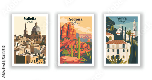 Sedona, Arizona. Sintra, Portugal. Valletta, Malta - Vintage travel poster. High quality prints. photo