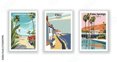 Carlsbad State Beach, California. Filey, England. Palm Springs, California - Vintage travel poster. High quality prints.