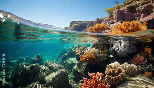 Underwater adventure fish swim in multi colored reef generated by AI © Jemastock
