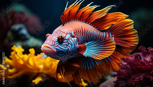 Vibrant yellow and blue striped lionfish swim in tropical waters generated by AI