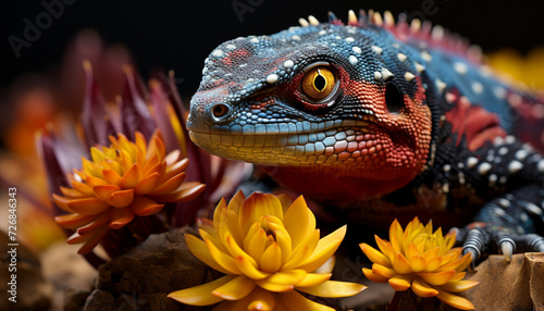 A cute lizard eye focuses on a yellow flower generated by AI