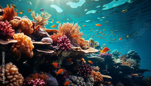 Underwater reef fish in nature, multi colored aquatic landscape generated by AI