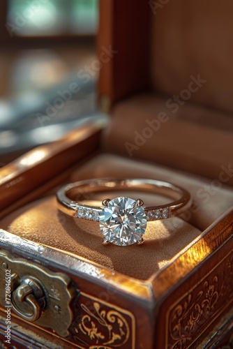 A platinum diamond ring is in a jewelry box, the concept of luxury