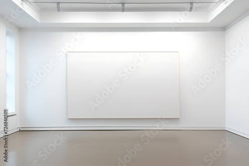 Empty white room with empty frame poster in white wall ,modern interior design ,wooden floor,mockup ,product , window , studio , room