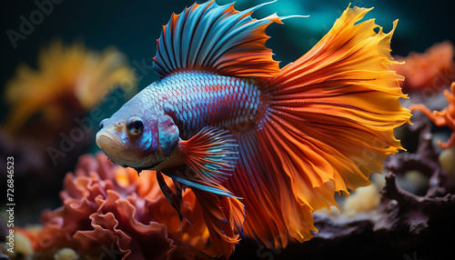 Underwater beauty fish tank showcases vibrant, multi colored aquatic pets generated by AI
