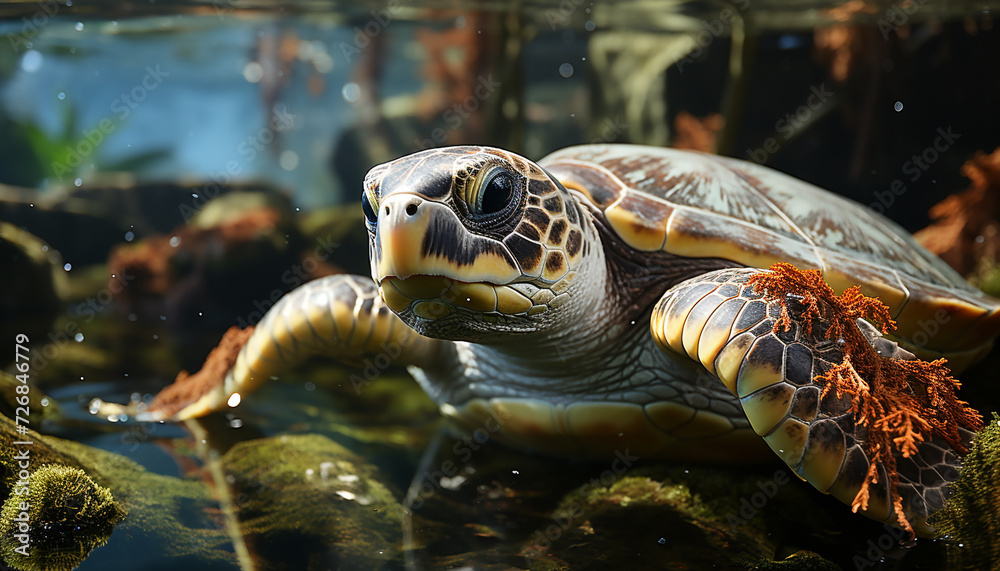 A cute turtle swimming in a tropical underwater paradise generated by AI A cute turtle swimming in a tropical underwater paradise generated by AI
