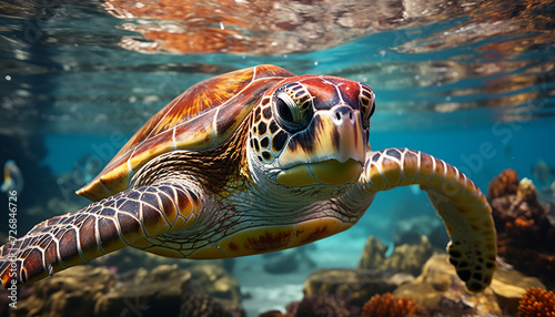 Underwater turtle swimming in blue sea, surrounded by colorful fish generated by AI © Stockgiu