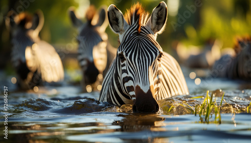 Zebra herd drinking at waterhole, tranquil scene in Africa generated by AI