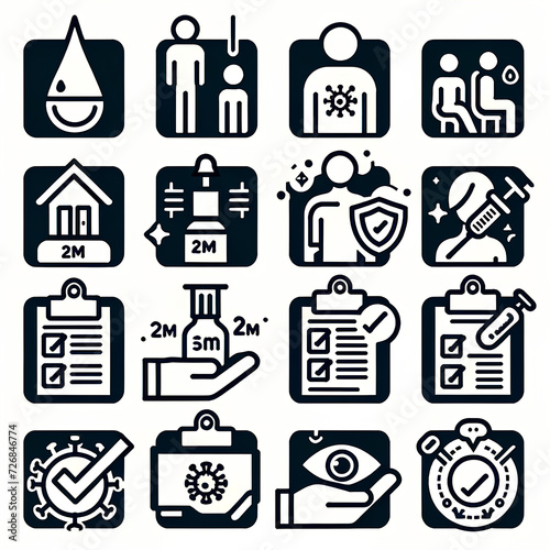 A set of twelve line icons on a white background, representing various health and safety themes_ 1. A droplet with a pipette for vaccine or testing photo