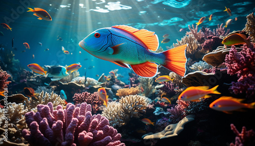 Underwater reef, fish, nature, animal, coral, multi colored, tropical climate generated by AI © Stockgiu
