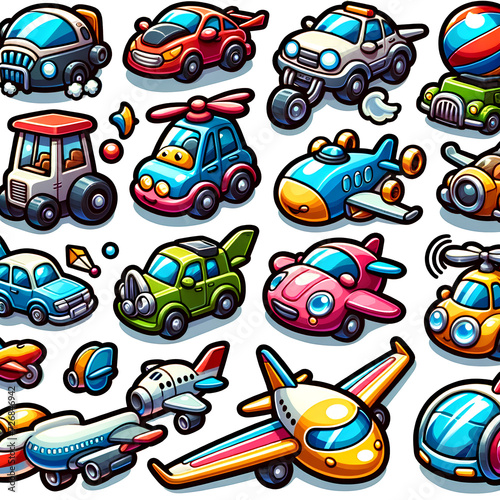 A set of funny cartoon transportation icons  featuring various cars and airplanes. The vector icons should be designed in a playful and whimsical style