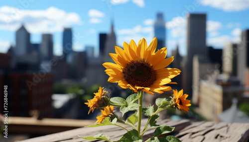 Yellow sunflower blossoms in a meadow, city skyline in background generated by AI