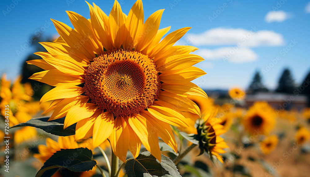 Yellow sunflower shines in the summer meadow, attracting buzzing bees generated by AI