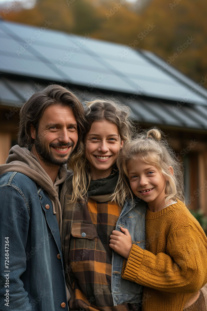 a family with kids in front of their home with solar panels on their roof.Green power concept