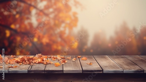 a wooden table with a blurred autumn background and a place for text.