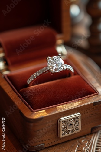 A platinum diamond ring is in a jewelry box, the concept of luxury