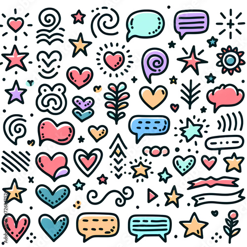 A collection of hand-drawn, colored decorative elements isolated on a white background. The set includes a variety of icons such as hearts, stars