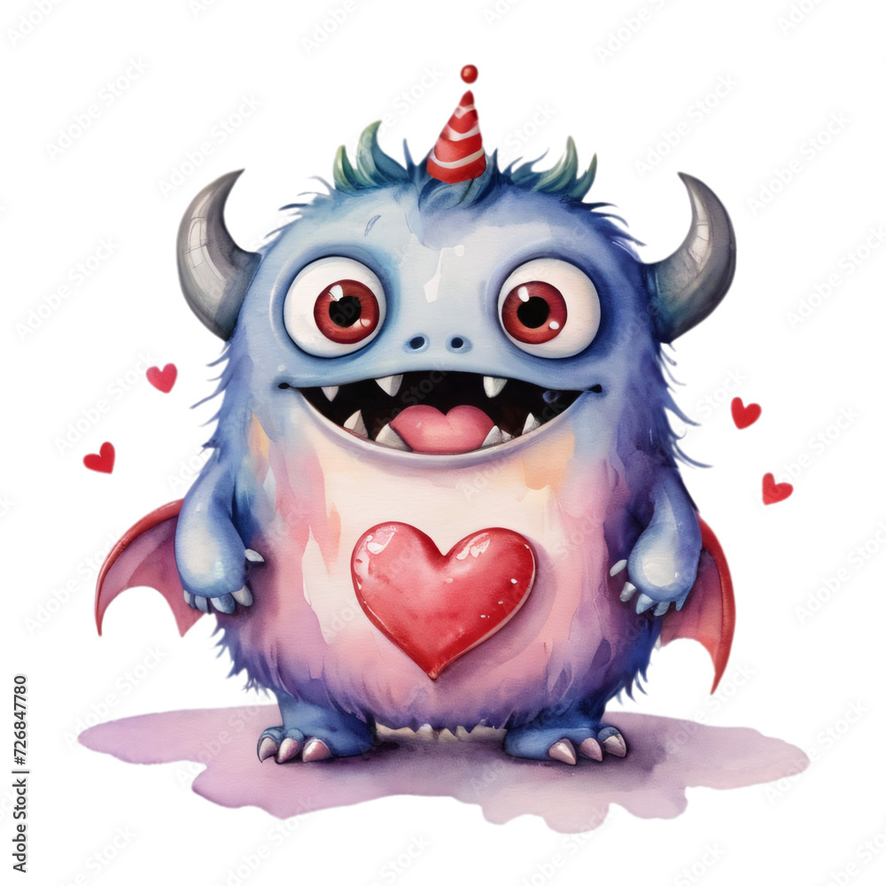 Naklejka premium Monster With Red Heart Watercolor clipart, cute little monster laughing, cute big eyes, happy, pretty