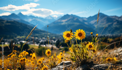 The meadow yellow flowers bloom, painting nature picturesque landscape generated by AI