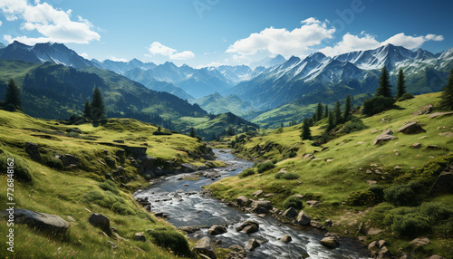 Majestic mountain peak in tranquil meadow, green grass generated by AI