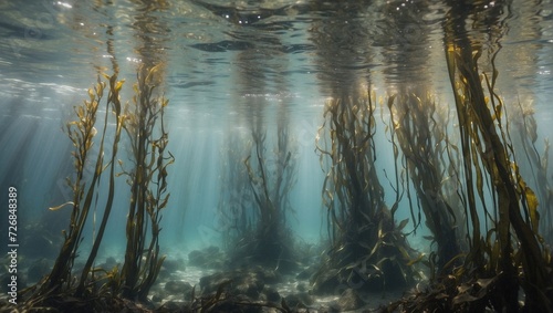 A kelp forest with tall stalks reaching the water surface, mainly exhibiting Eck Loni A maxima from below. photo
