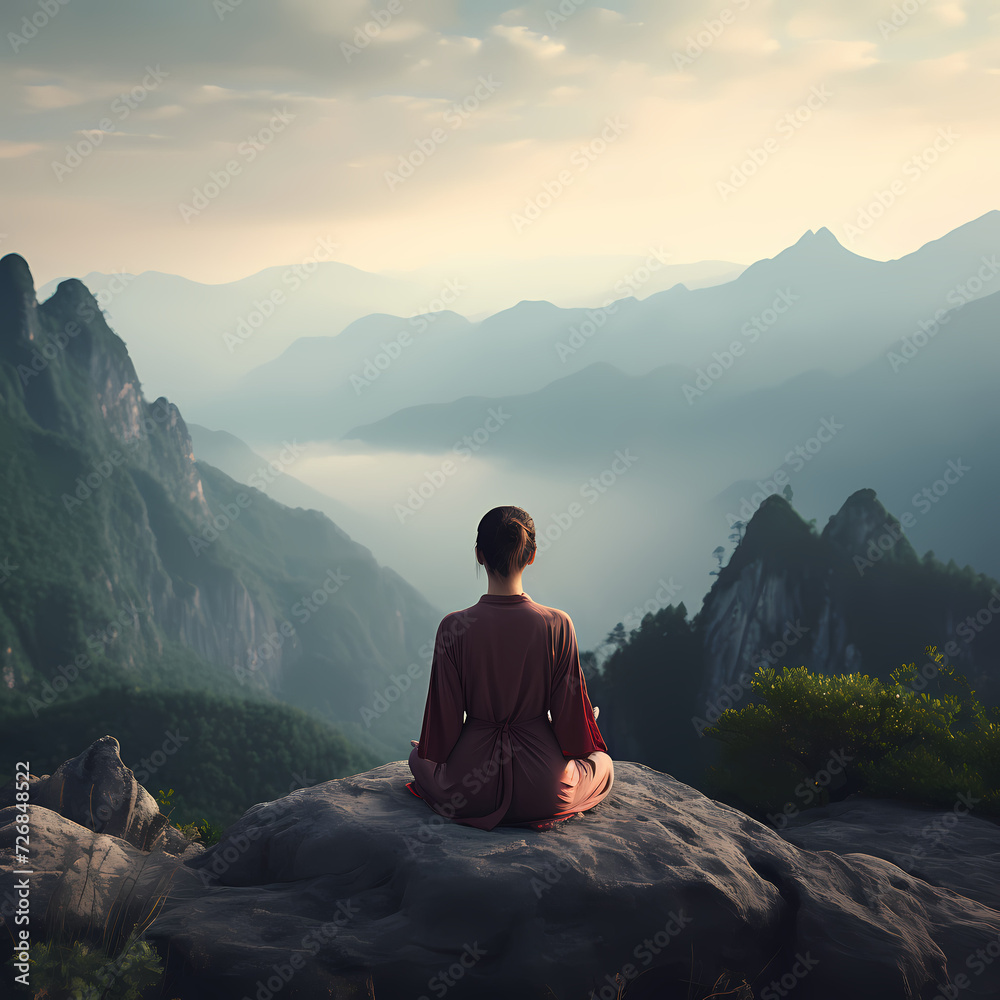 A woman practicing meditation on a mountaintop.