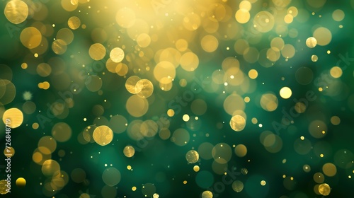 Abstract blur bokeh banner background. Gold bokeh on defocused emerald green background photo