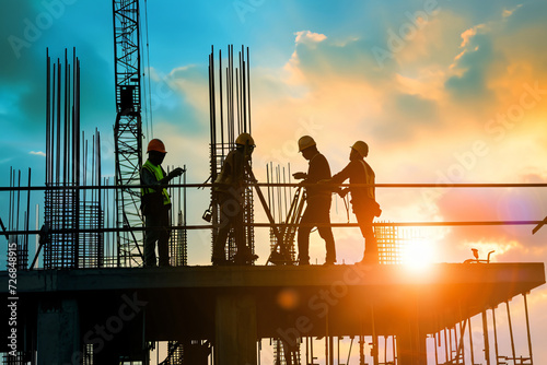 photo construction workers at sunset