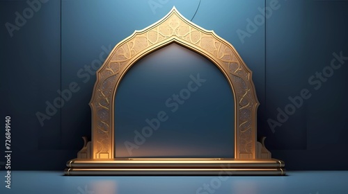 3d illustration of Luxury Islamic Podium with gold border, traditional Islamic window frame. Horizontal Arabic banner for product exhibition, blue background. generative ai