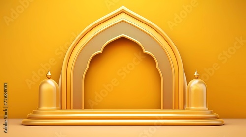 3d illustration of Luxury Islamic Podium with gold border, traditional Islamic window frame. Horizontal Arabic banner for product exhibition, yellow background. generative ai photo