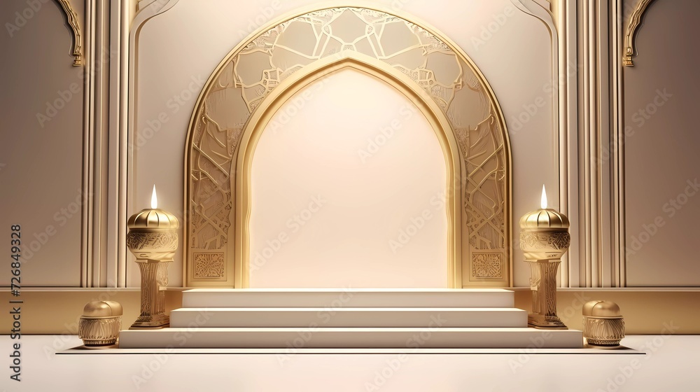 3d illustration of Luxury Islamic Podium with gold border, traditional Islamic window frame. Horizontal Arabic banner for product exhibition, white background. generative ai