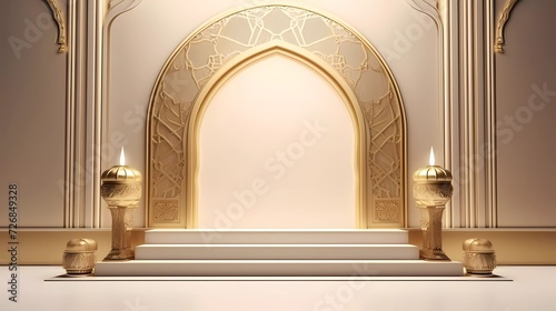 3d illustration of Luxury Islamic Podium with gold border, traditional Islamic window frame. Horizontal Arabic banner for product exhibition, white background. generative ai photo