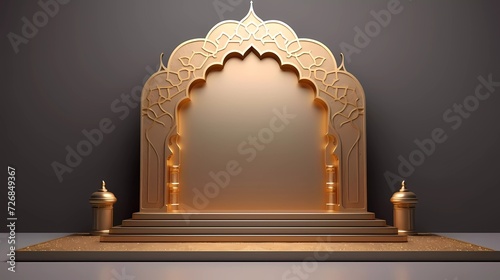 3d illustration of Luxury Islamic Podium with gold border, traditional Islamic window frame. Horizontal Arabic banner for product exhibition, white background. generative ai photo