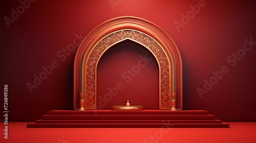 3d illustration of Luxury Islamic Podium with gold border, traditional Islamic window frame. Horizontal Arabic banner for product exhibition, red background. generative ai photo