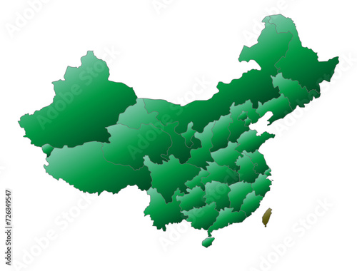 中国と台湾の地図のデザイン、深い緑色、省（市・区）の境界線入り
