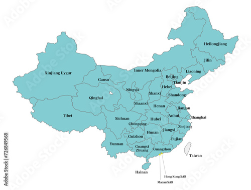 Fototapeta Naklejka Na Ścianę i Meble -  中国と台湾のわかりやすい地図、省（市・区）の境界と英語の地名