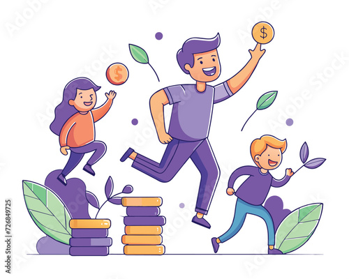 Design of students climb ladder of achievement to reach top of the money pile. scholarships and tuition fees support