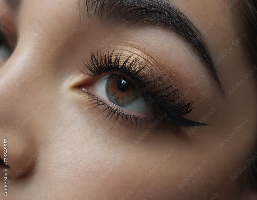 Obraz premium Close-up of beautiful eyes with makeup. Smooth skin with natural makeup of eyelashes, eyebrows and eyelids. Part of the face. Eye makeup concept.