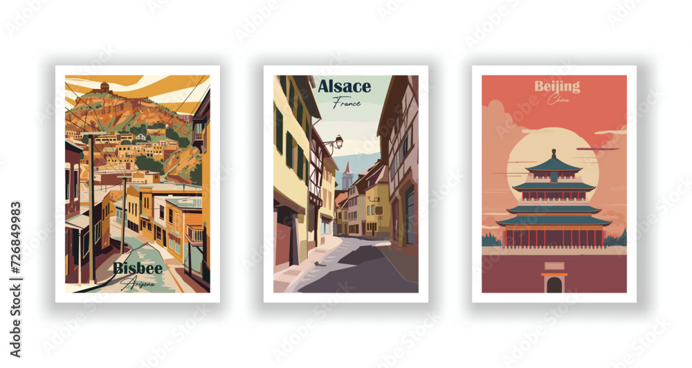 Alsace, France. Beijing, China. Bisbee, Arizona - Vintage travel poster. High quality prints