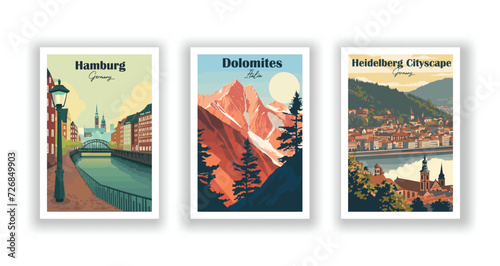 Dolomites, Italia. Hamburg, Germany. Heidelberg Cityscape, Germany - Vintage travel poster. High quality prints. photo