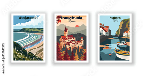 Staithes, England. Transylvania, Romania. Woolacombe, Devon - Vintage travel poster. High quality prints