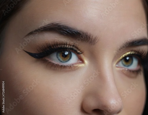 Close-up of beautiful eyes with makeup. Smooth skin with natural makeup of eyelashes, eyebrows and eyelids. Part of the face. Eye makeup concept.