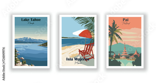 Isla Mujeres, Mexico. Lake Tahoe, Nevada. Pai, Thailand - Vintage travel poster. High quality prints