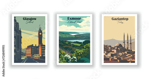 Exmoor, National Park. Gaziantep, Turkey. Glasgow, Scotland - Vintage travel poster. High quality prints