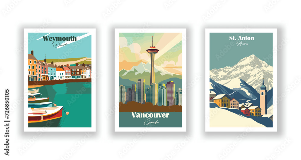 Fototapeta premium St. Anton, Austria. Vancouver, Canada. Weymouth Dorset - Vintage travel poster. High quality prints